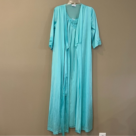 2 Piece Lorraine Vintage Lace Nightgown Robe Set One Size Aqua Teal Blue Green - Picture 10 of 16
